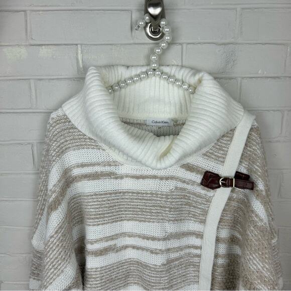 Calvin Klein Neutral Fuzzy Striped Knit Wrap Sweater Size S/M - Picture 5 of 11